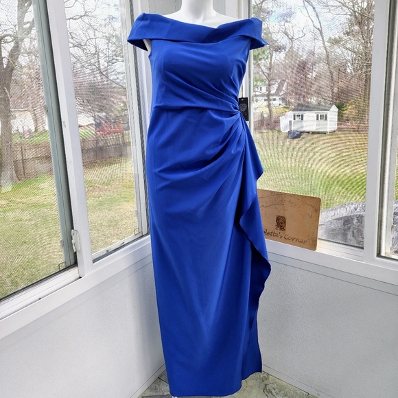 24 Hour Sale ⏰ Vince Camuto Off The Shoulder Royal Blue Crepe Column Ruched Gown - Picture 2 of 16